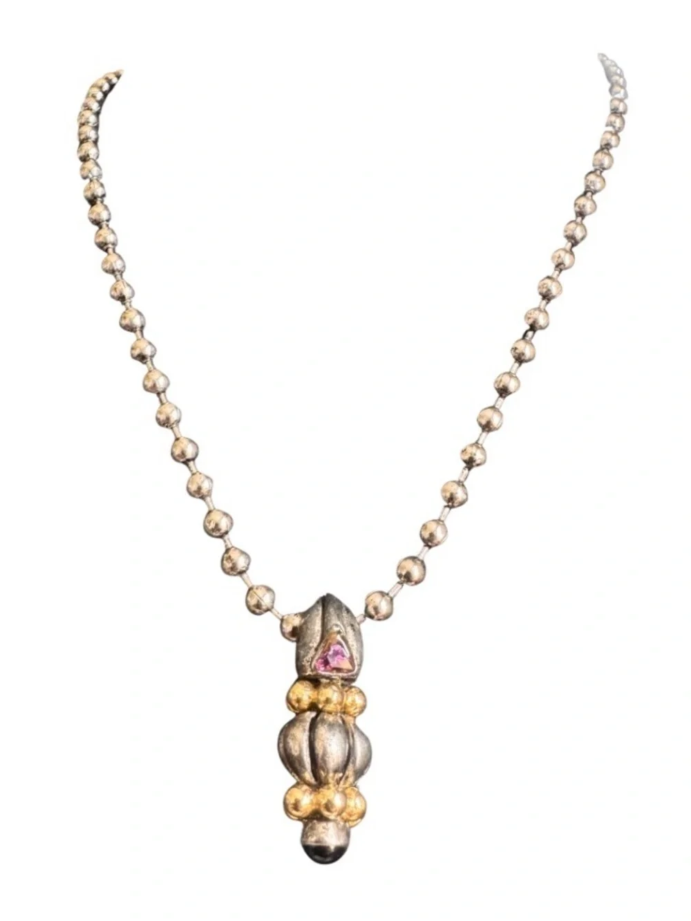 Beautiful Vintage Gold and Silver Toned Pendant with Pink Gemstone